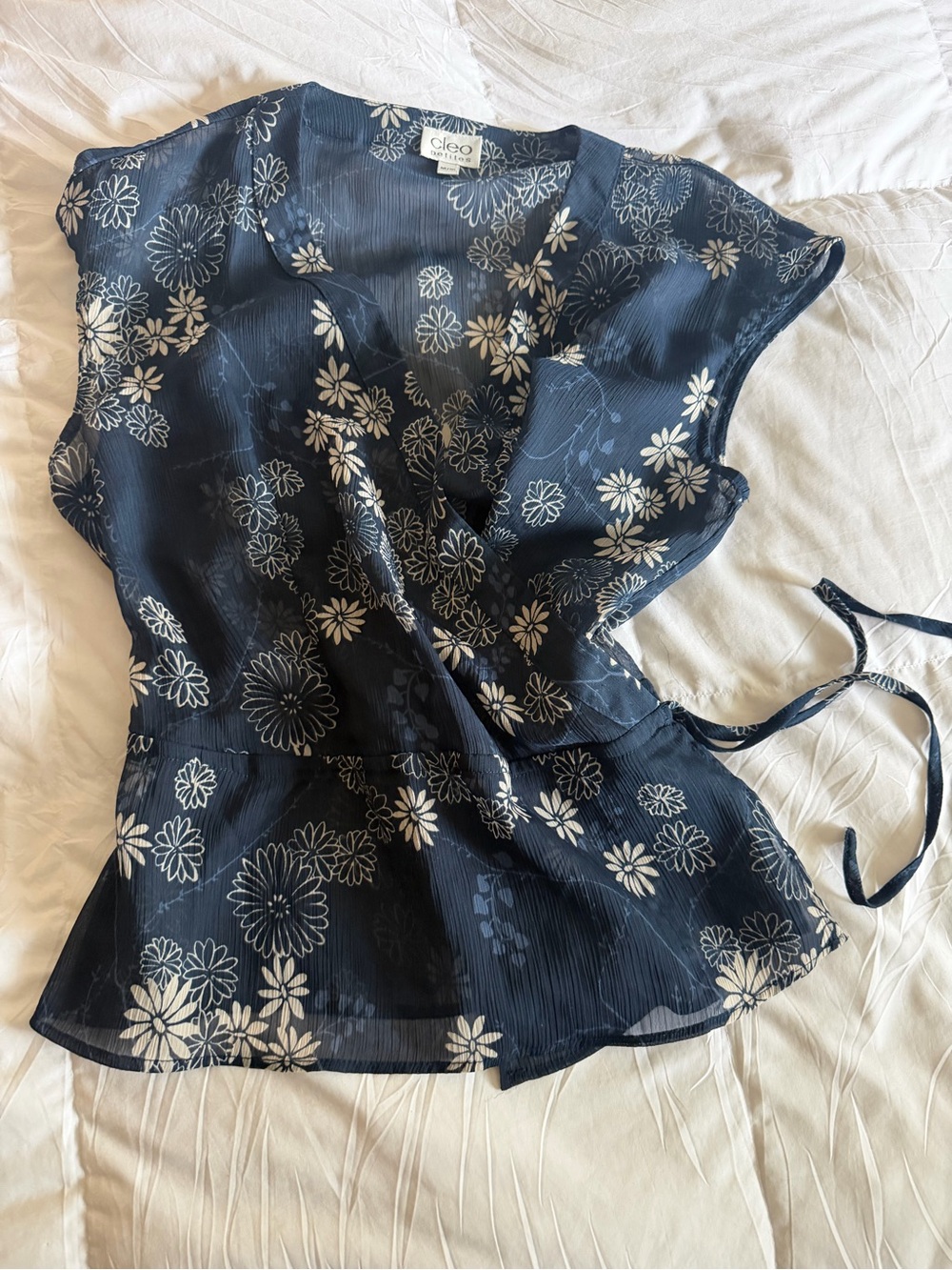 Cleo Vintage Y2K Navy Floral Wrap Blouse with Tie Waist